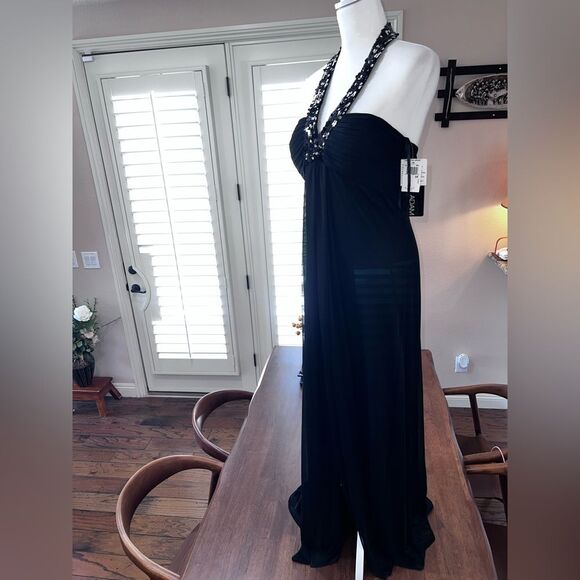 Elegant Black Sequin Halter Chiffon Gown Maxi Formal Mermaid Sz10 NWT Betsy Adam - Picture 5 of 15